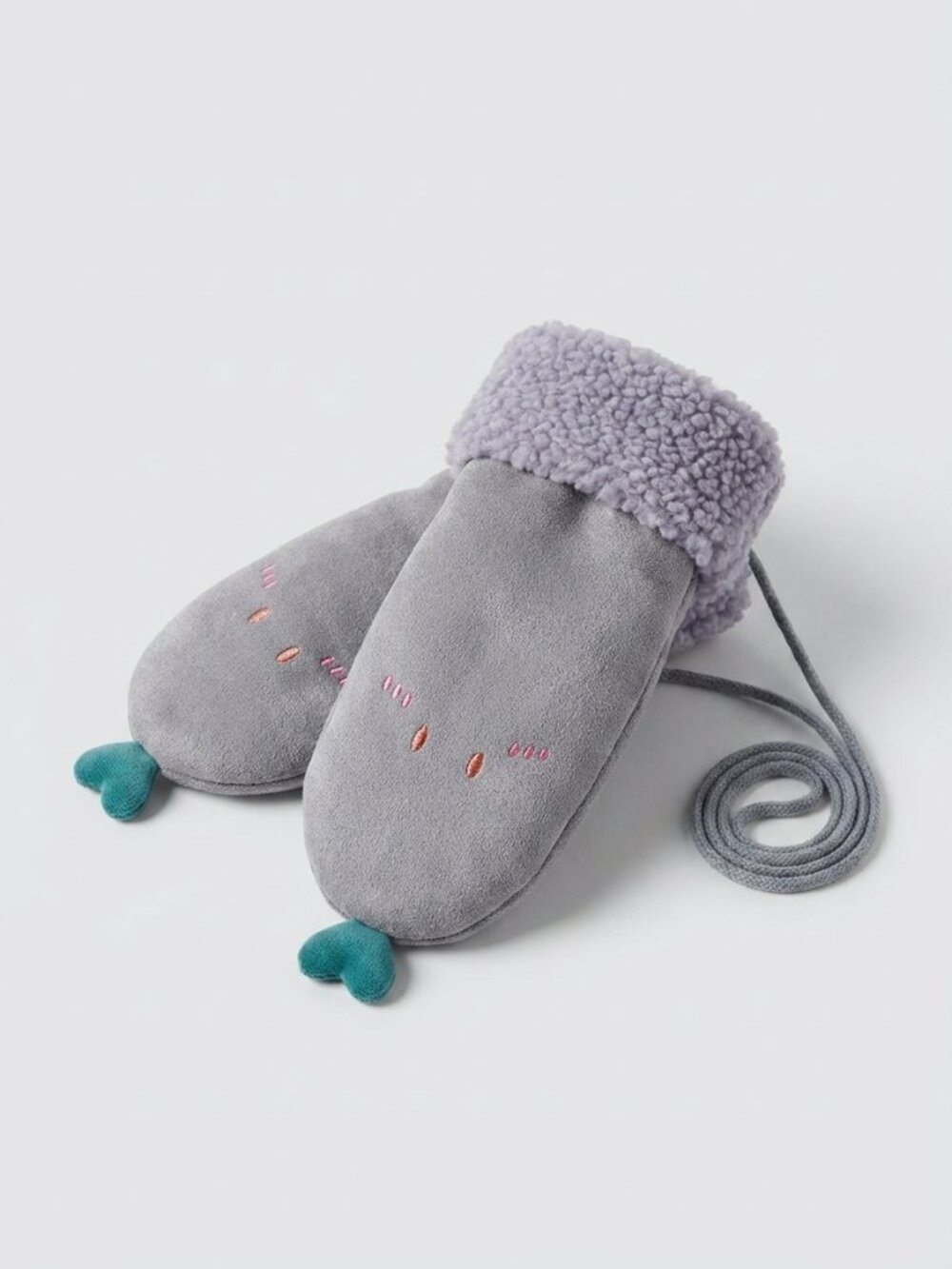Cute Whale Kids Mittens Gray Fleece Winter Gloves Sherpa Cuff Warm Mitts